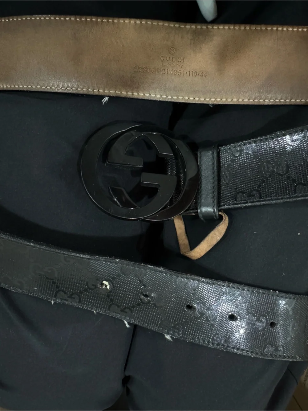 100% AUTH Gucci Black Monogram Leather Belt with Black Double G Buckle - Picture 4 of 5